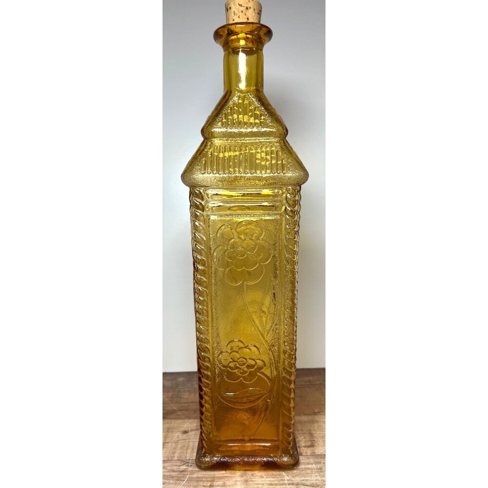 Vintage Gold Glass Floral Decanter Made In Italy